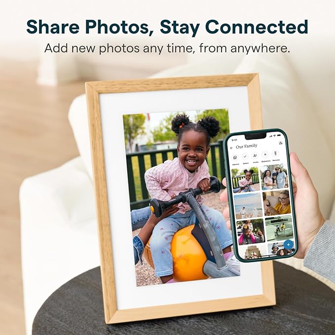 Skylight Digital Picture Frame 2 – 10" Full HD Wi-Fi Touch Screen, 16GB Digital Photo Frame, Load Photos & Videos Directly from Phone, Anti-Glare – Personalized Gifting, Rubber Wood Birch Brown