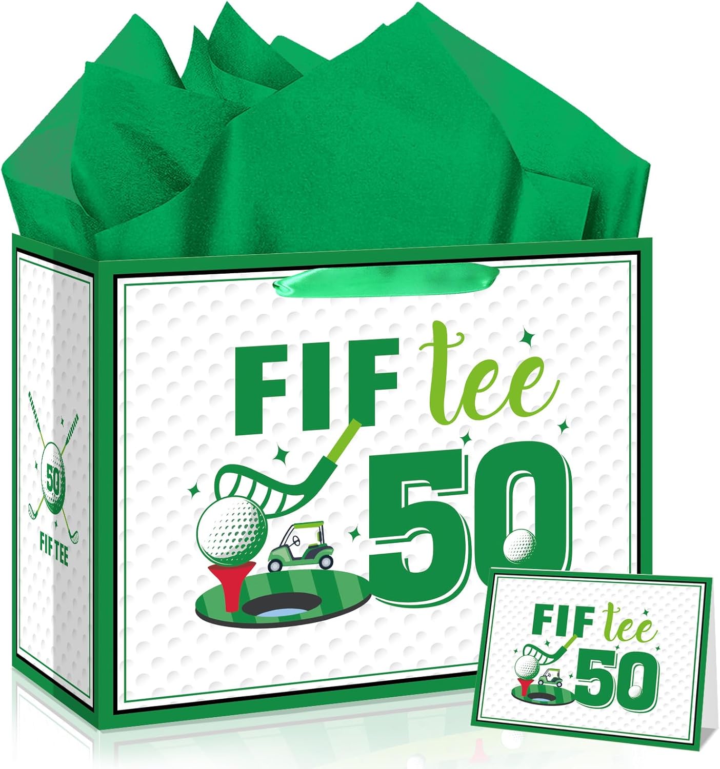 Quirkistry Golf 50th Birthday Gift Bag for Men Golf Happy Fifty Birthday Party Gifts bag with Tissue Paper Greeting Card Fif-Tee Bday Gift Wrapping Bag for Sports Themed Party Decorations Supplies