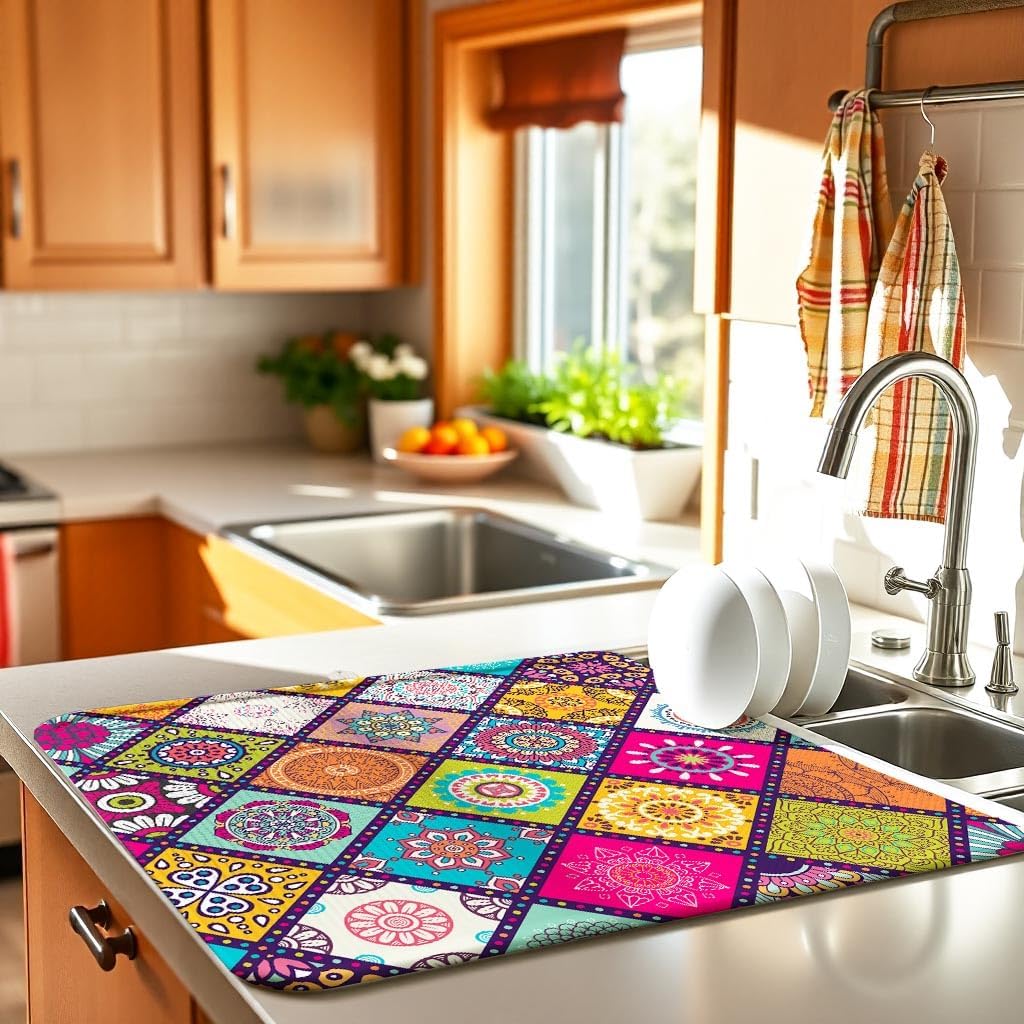 Plaid Floral Large Dish Drying Mats, Reversible Boho Dish Drying Pads for Kitchen Counter Foldable and Stored in a Drawer,18"x24" Extra Large Draining Mat Protect for Kitchen,Bar Counter,Coffee Make