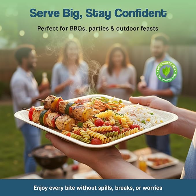 Palm Leaf Party Pack, Compostable, Biodegradable, Disposable, Sturdy, Eco-Friendly, Microwave Safe. 10'' & 7'' Square Plates, Wooden Cutlery & Napkins (For 25 People - 175 total items).
