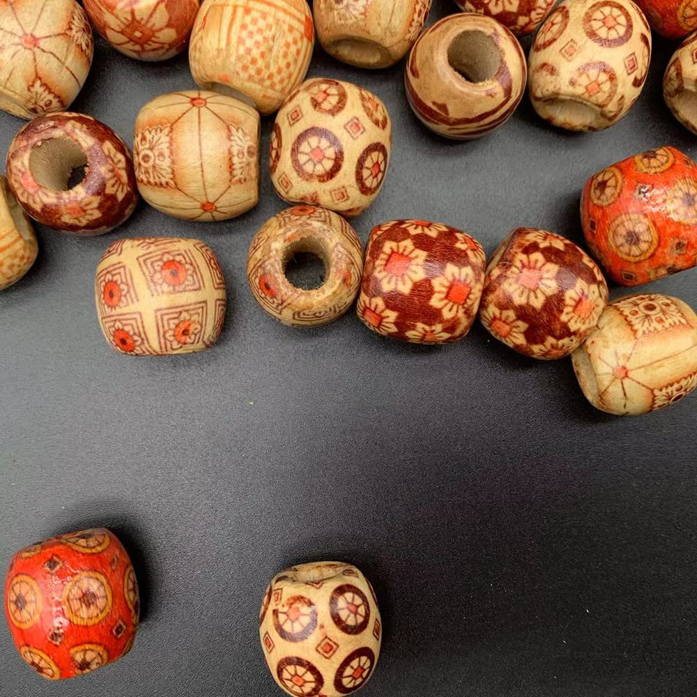 200Pcs Large Hole Barrel Wood European Loose Beads Mixed Painted Drum Wood Spacer Beads 16-17mm Dreadlock Hair Braid Beads for Hair, Jewelry Making, Craft DIY, Macrame Rosary Bracelet Necklace Making
