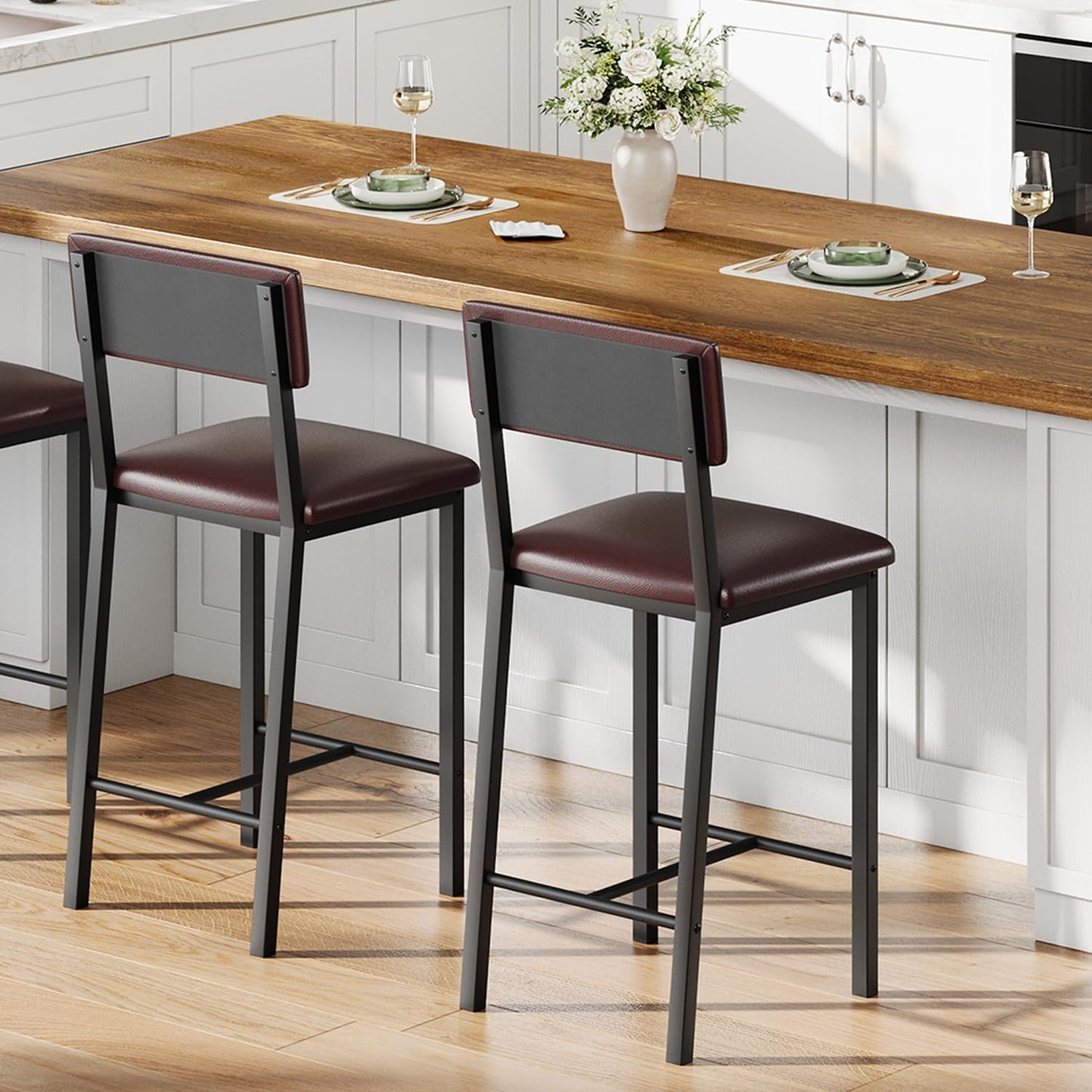 Garvee Bar Stools Set of 2, Kitchen Barstools with Thick Cushion, 25 Inch Counter Height Bar Stools with Backrest and Footrest, for Dining Room, Kitchen Island Counter Chairs, Retro Brown