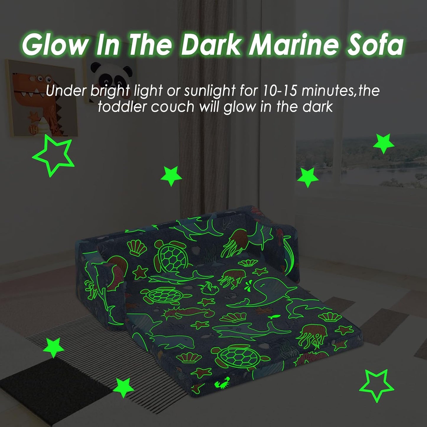 Kids Couch Extra Large,Glow in The Dark 2-in-1 Folding Kids Sofa Bed for Boys,2 Seats Convertible Sleeper Lounger Toddler Couch for Children Bedroom Playroom Nursery,Marine