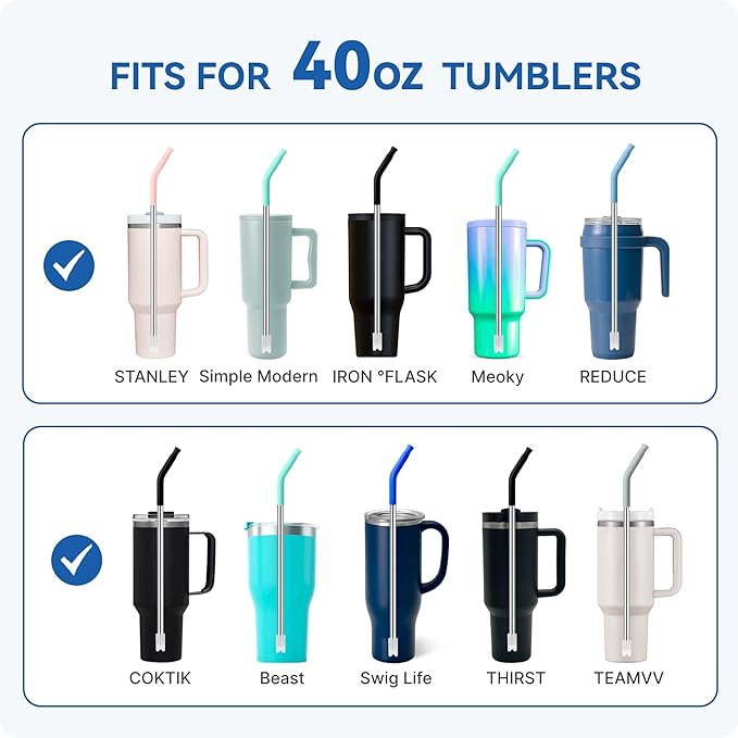 Reusable Metal Straws with Silicone Tip for Stanley 40oz,Stainless Steel Drinking Straws for 40oz Tumbler,3 Straight Tubes & 6 Tips& 1 Cleanr Brush(Lilac)