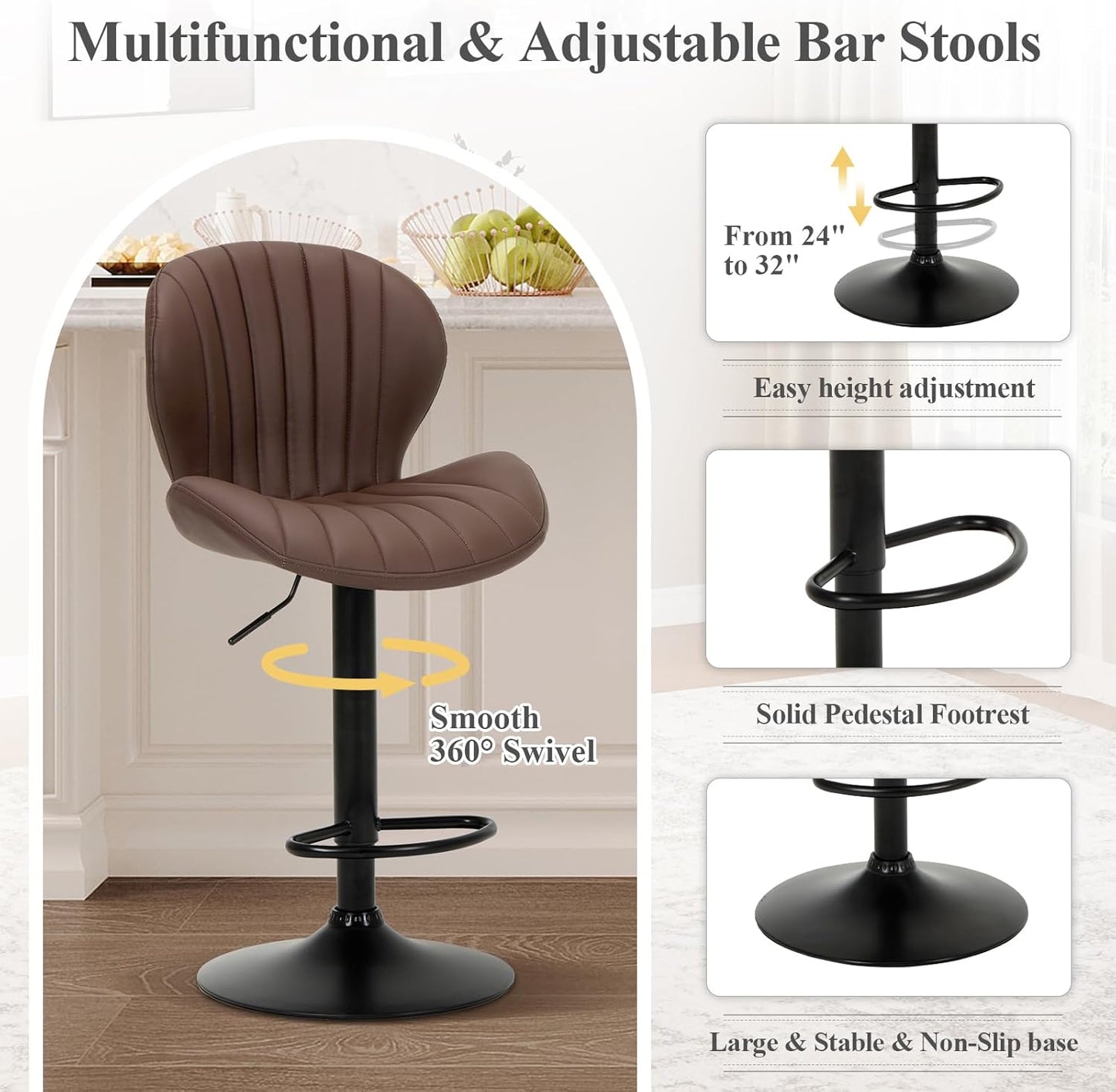 COLAMY Bar Stools Set of 4, Modern Swivel Bar Chairs, Adjustable Faux Leather Upholstered Barstools Counter Height with High Backrest for Bar, Kitchen Island, Dining Room, Brown