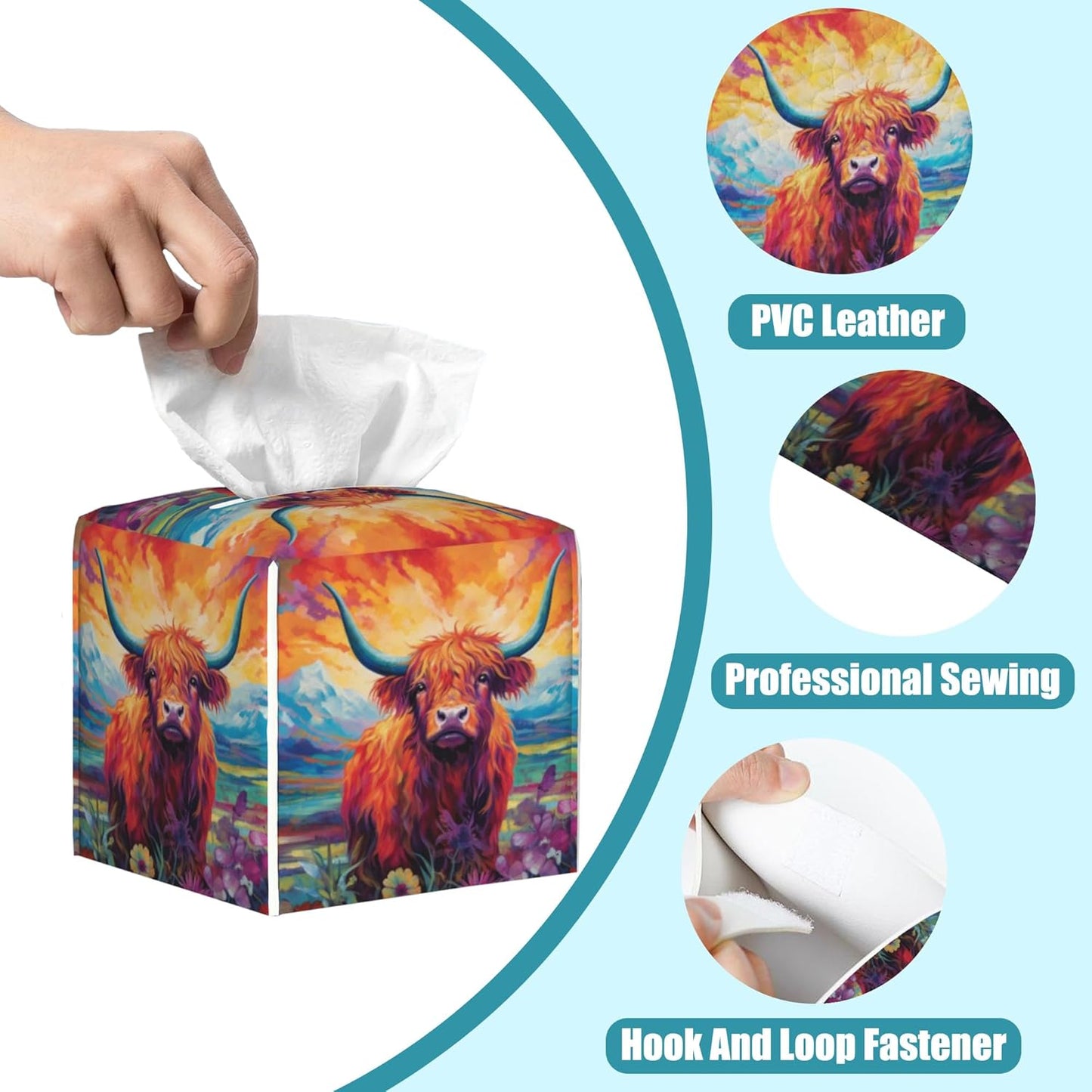 Watercolor Highland Cow Leather Tissue Holder,Mountain Flowers Square Tissue Box Cover,Modern Decorative Facial Tissue Paper Cover for Car Bedroom Nightstand Vanity Desk Office,5.2" x 5.2" x 5.2"