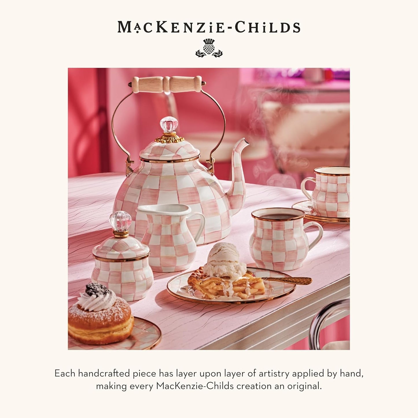 MACKENZIE-CHILDS Checkered Enamel Serving Bowl for Entertaining, Everything Bowl, Rosy Check