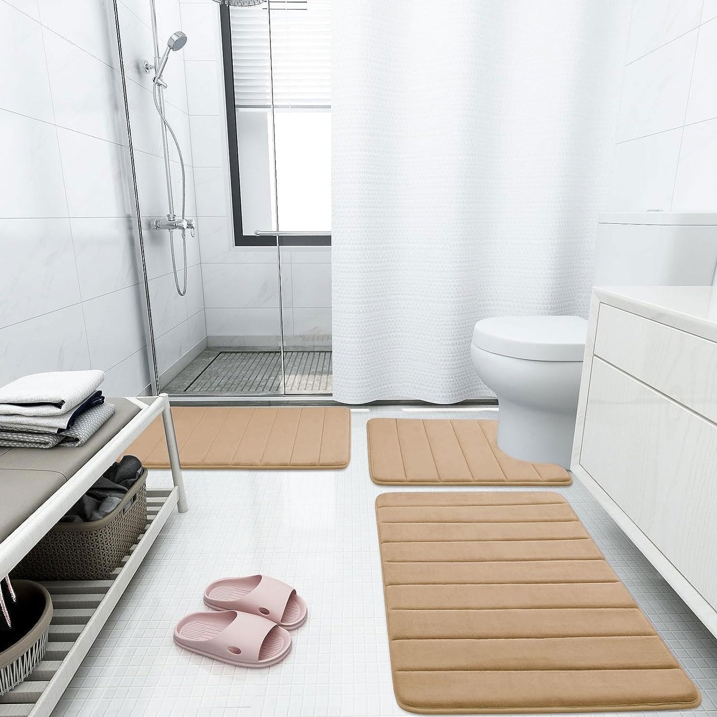 Buganda Memory Foam Bath Mat, 70" x 24", Ultra Soft and Non-Slip Bathroom Rugs, Water Absorbent and Machine Washable Bath Rug Runner for Bathroom, Shower, and Tub, Camel