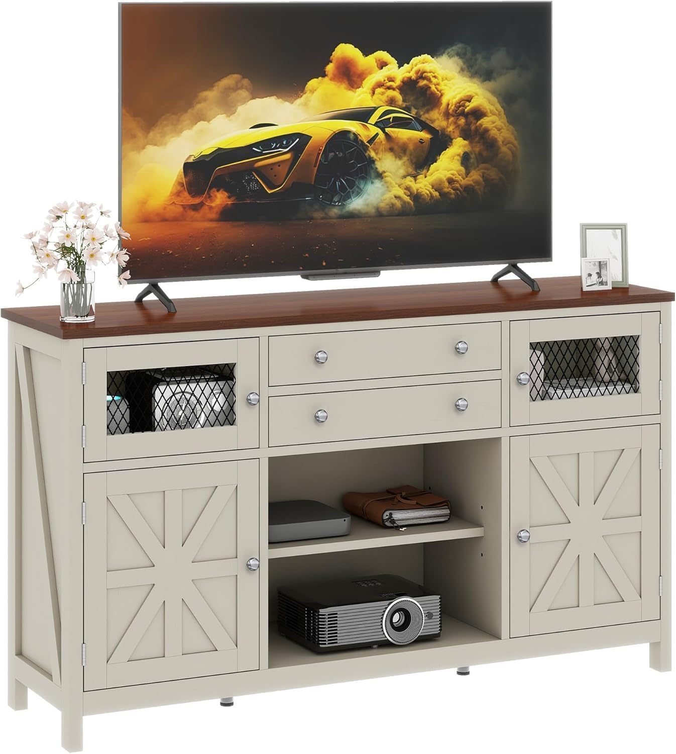 YITAHOME Farmhouse TV Stand for 65/55 Inch Television, Entertainment Center Television Stand with Drawers & Door, 59" Media Console TV Cabinet for Living Room, Antique White
