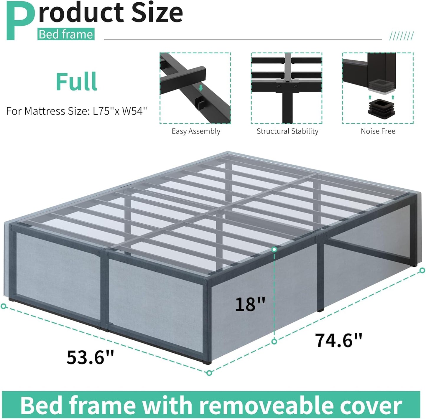 18 Inch Full Size Bed Frame with Storage Bed Cover Skirt, Heavy Duty Metal Full Platform Bed Frame No Box Spring Needed, Easy Assembly, Noise Free, Black and Blue