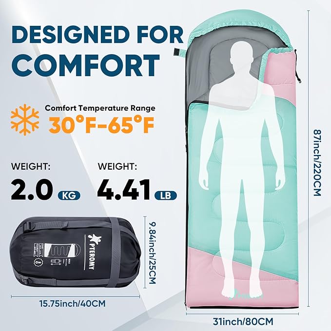 PTEROMY Sleeping Bags for Adults, Lightweight and Machine Washable, Water Resistant Backpacking Camping Sleeping Bag for Warm Cold Weather, Camping Essentials for Hiking Travel
