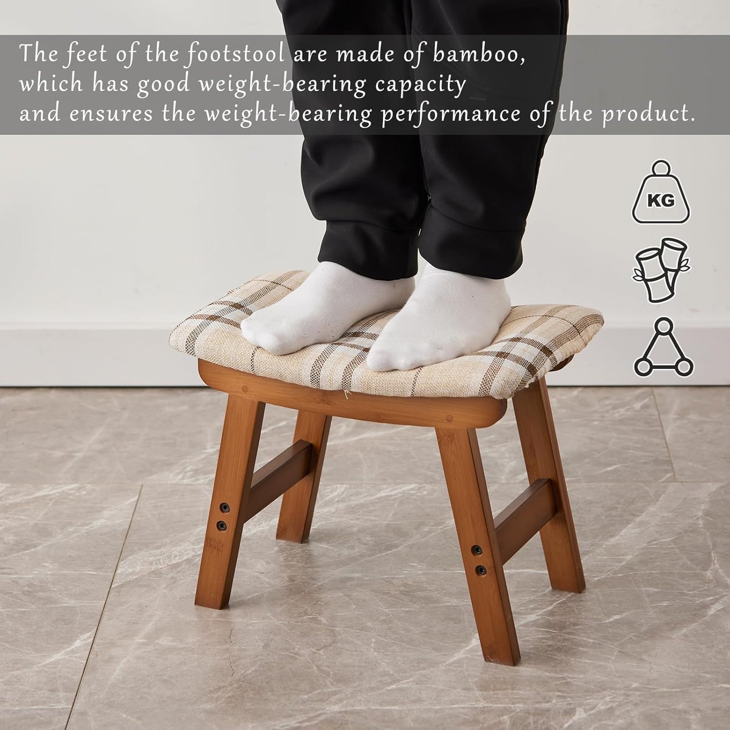 Foot Stool,Ottoman,Bamboo Small Sofa Foot Rest Under Desk,Extra Seating for Living Room, Bedroom and Kitchen (Brown Stool Legs - Stripes Surface)