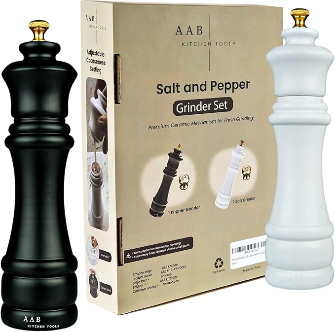 Wooden Black and White, Manual Refilable Large Salt And Pepper Grinder Set, Shaker with Adjustable Ceramic Grinding Mechanism for Customized Coarseness, 8 inches Large, Pack of 2
