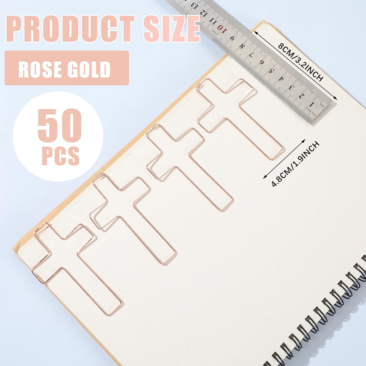 Tenceur 50 Pcs Large Cross Paper Clips Jumbo Funny Cute Paperclips Bookmarks Stationary Clips Marking Paper Clamps Journaling Bible Study Supplies Accessories for Office (Rose Gold,Electroplate)