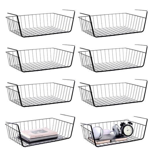 8 Pack Hanging Under Shelf Storage Basket, Steel Hanging Wire Rack Storage Baskets, Slide-in Baskets Organizer for Kitchen Cabinet Desk Organizer Storage, Space Saving, 16"D x 9"W x 5.9"H