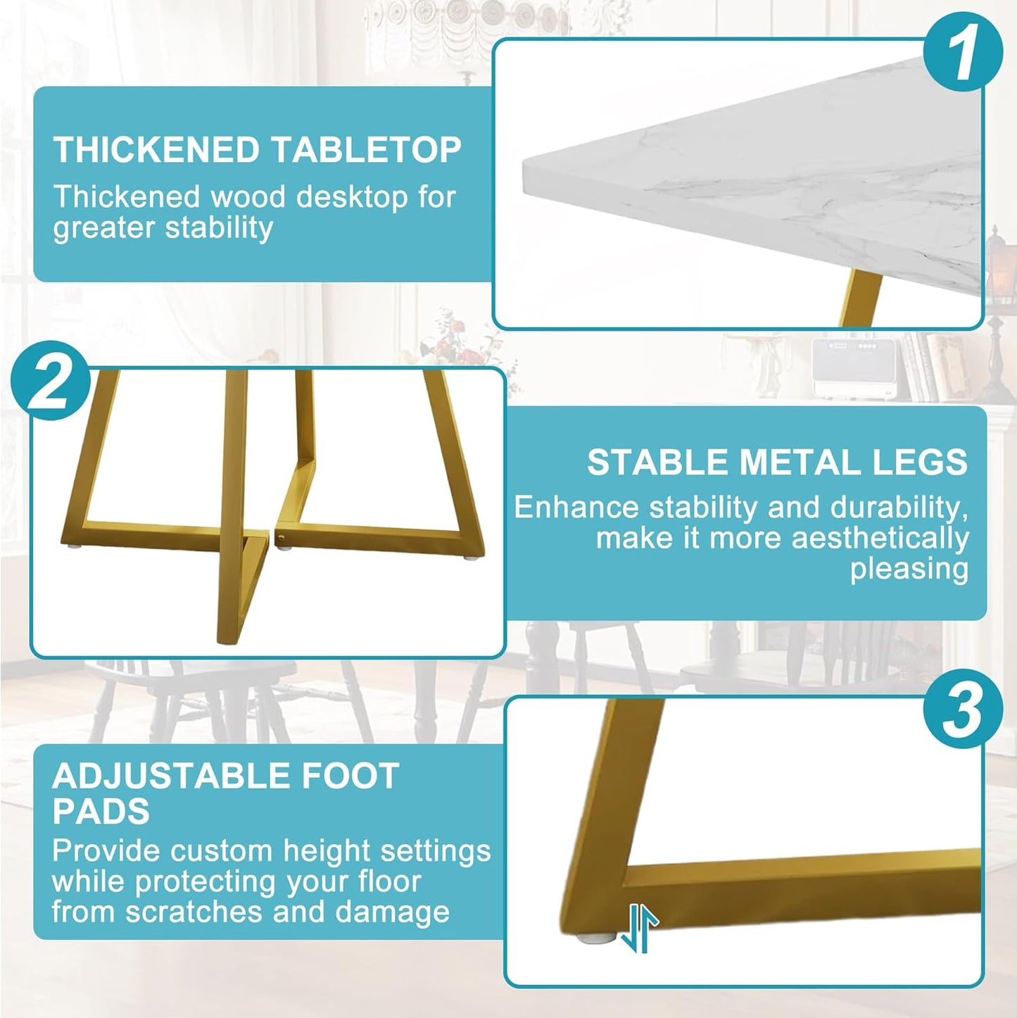Square Dining Table for 2-4, 31.5" Small Dinner Table with Metal Frame Base Square Kitchen Tables for Dining Room, Kitchen, Living Room, White & Gold