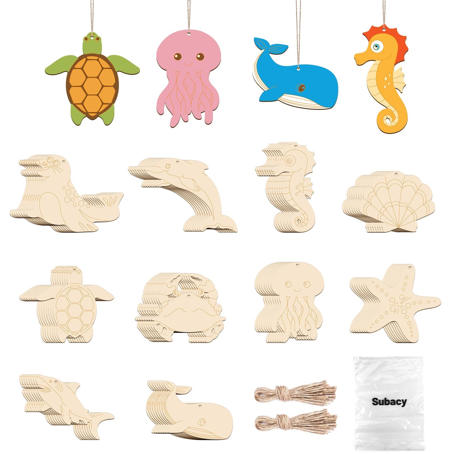 Subacy 80 PCS Unfinished Wood Cutouts 10 Styles DIY Wooden Ocean Ornaments, Wooden Art Craft Painting Kit for Kids, Birthday Easter Creativity Arts & Crafts, Sea Animal Shape