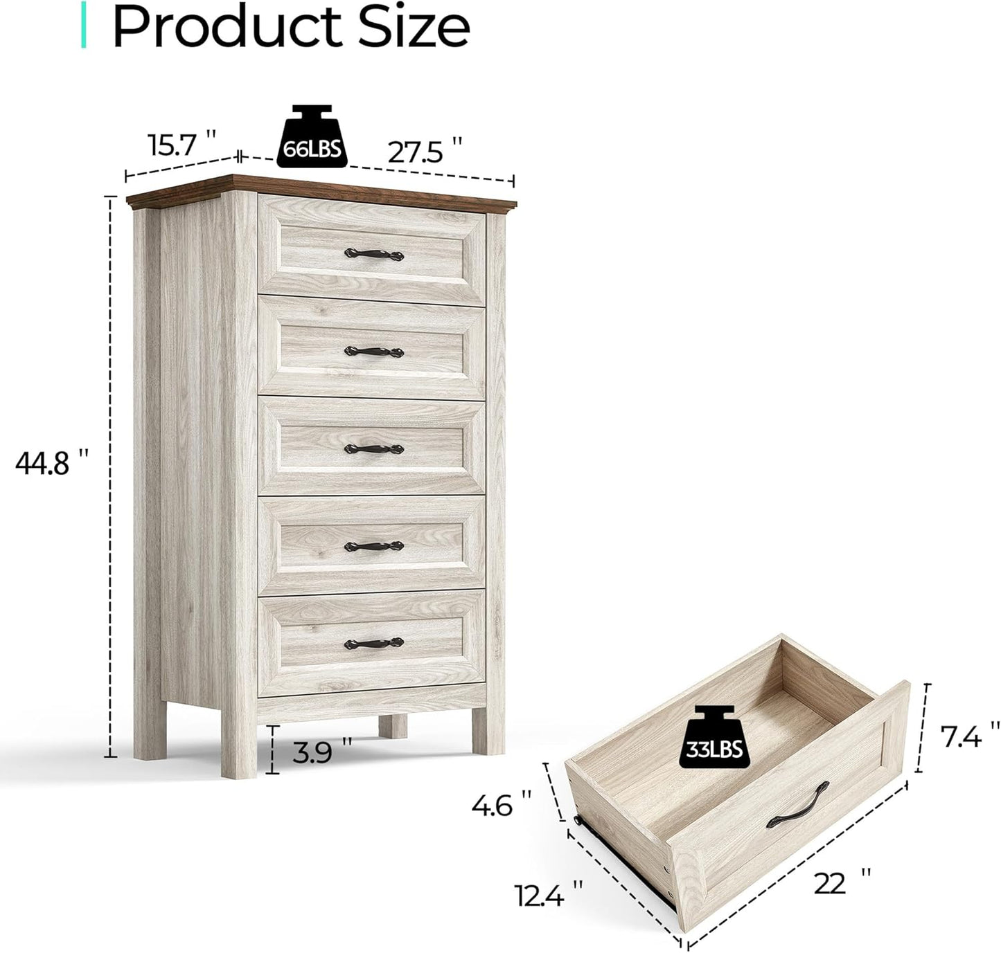 LINSY HOME Tall Dresser for Bedroom with 5 Drawers, 45" Tall Dressers & Chests of Drawers, Modern Farmhouse Large Vertical Dresser with Wood Legs for Bedroom, Closet, Living Room, Hallway, Beige