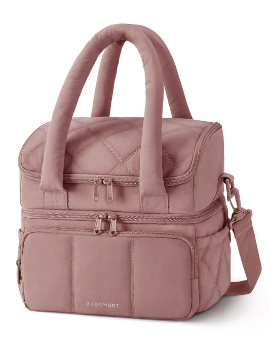 BAGSMART Lunch Bag Women, Double Deck Insulated Lunch Box, Quilted Puffer Lunch Tote, Leakproof, Durable & Reusable Large Lunch Cooler For Work Picnic Travel Meal Prep, Dark Pink