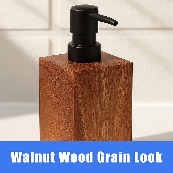 Resin Soap Dispenser with Walnut Wood Grain Look, 16.9 oz Refillable Lotion Bottle for Bathroom, Kitchen, Sink Countertops – Durable, Moisture-Resistant, Rustic Farmhouse Décor