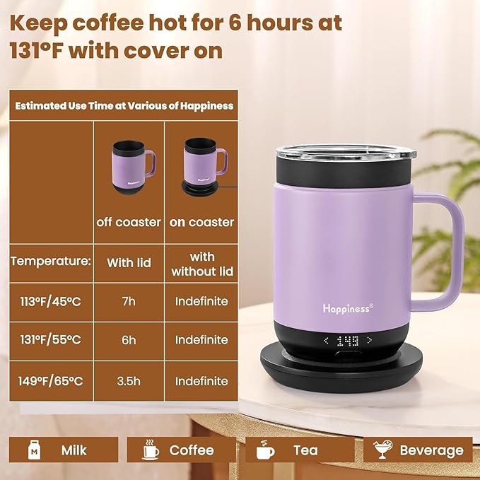Happiness Smart Heated Coffee Mug,16oz Rechargeable Electric Self Heating Temperature Control Coffee Cup