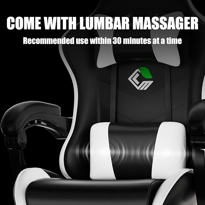 Gaming Chair with Footrest Racing Style Lumbar Support Massager Video Game Chair with Metal Legs, High Back Gamer Chair with Headrest, 360° Swivel Office Computer Desk Chair, Cool White