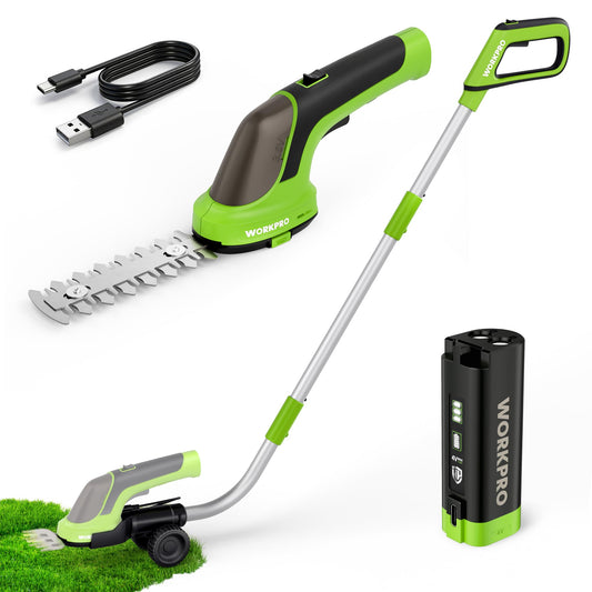 WORKPRO 3.6V Hedge Trimmer Cordless, 3-in-1 Electric Hedge Trimmer & Grass Cutter with 37'' Wheeled Extension Pole, 4.0Ah Removable Battery & Type-C Cable, Lightweight Bush Trimmer for Lawn & Garden