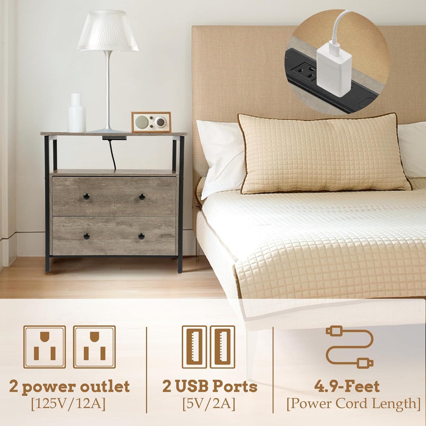 27 inch Wide Nightstand with Charging Station, Bedside Table with Open Shelf, 2 Drawers Small Wood Dresser, End Side Table for Bedroom (Rustic Gray)