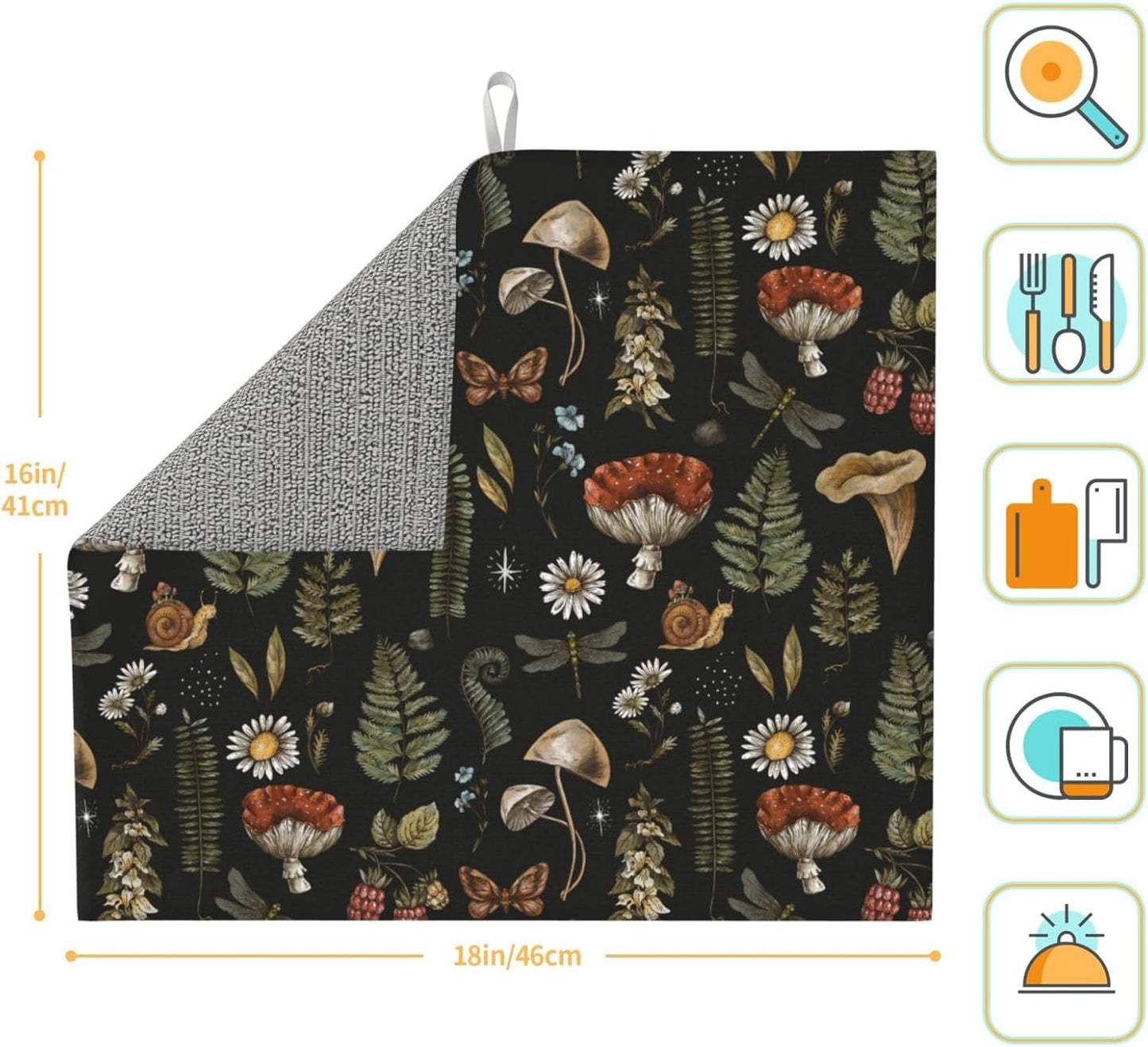 Dish Drying Mat Vintage Mushroom Leaf Forest for Kitchen Counter Absorbent Dishes Drainer Microfiber Small 16x18 Inch