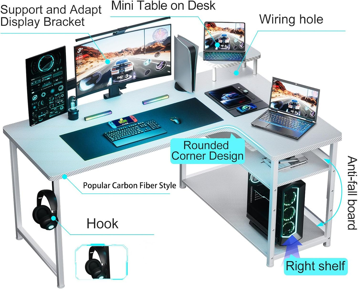 GTRACING Gaming Desk L Shaped Desk Carbon Fiber Style Computer Desks Compatible with Monitor Arm Storage Shelves Corner Desk Gaming Table for Home Office Desks Easy to Assemble Adjustable Shelf Height