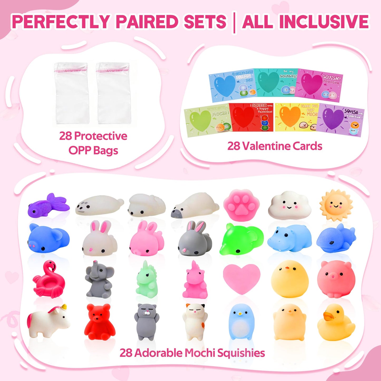 28 Pack Valentine’s Day Cards with Mochi Squishy Toys for Kids, Cute Kawaii Squishies School Classroom Valentine Exchange Set, Valentines Party Favors and Greeting Cards