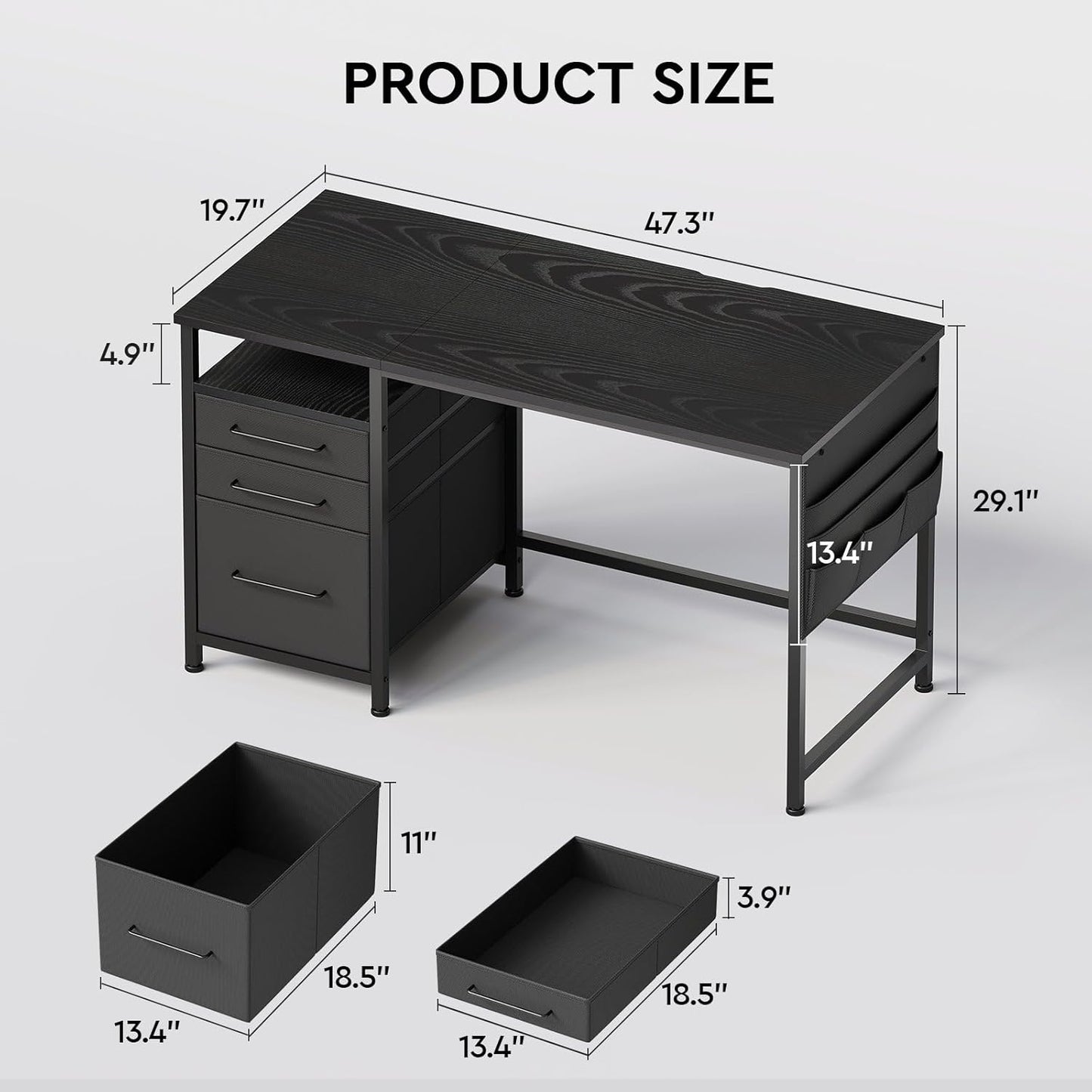Ｍａｉｈａｉｌ Maihail Small Desk with Drawers, 47 inch Computer Desk with Shelves, Writing Desk with Storage, Small Office Desk with Metal Frame, Black