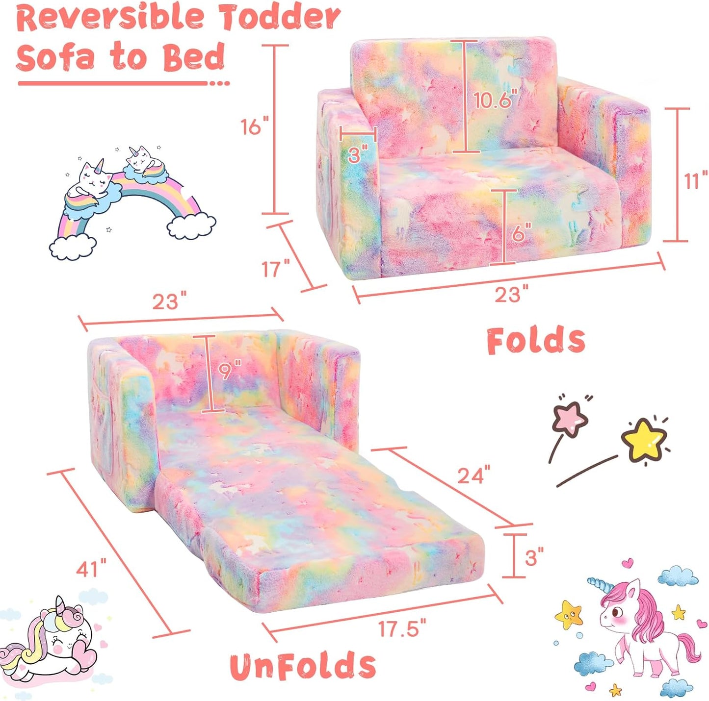 Toddler Chair Comfy,2-in-1 Soft Toddler Couch Fold Out for Kids,Convertible Sofa to Lounger,Gift for Girls and Boys Birthday,Unicorn,Medium