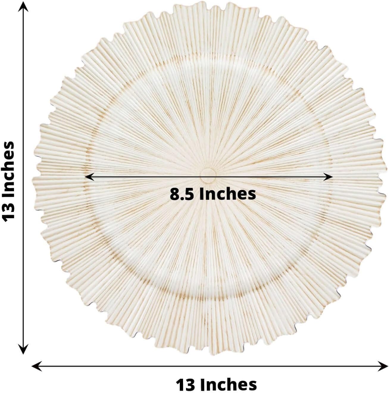 Efavormart 6 Pack | 13" Metallic Antique White Sunray Acrylic Plastic Serving Plates, Round Scalloped Rim Disposable Charger Plates