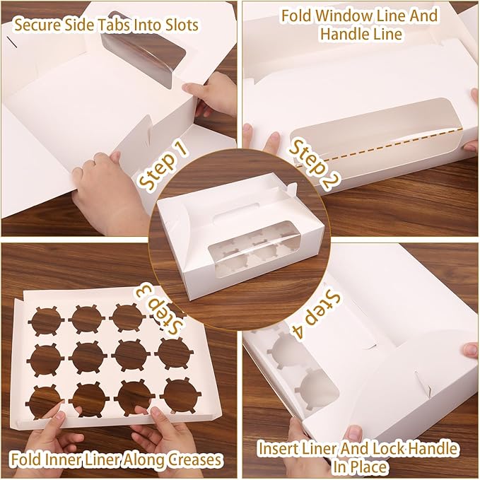 FORBFAN White Cupcake Boxes 12 Count, 30 Pcs Cupcake Containers with Handle, Window, and Inserts – Holds 360 Standard Cupcakes, Food-Grade Gable Boxes for Muffins, Cakes, and Party Desserts