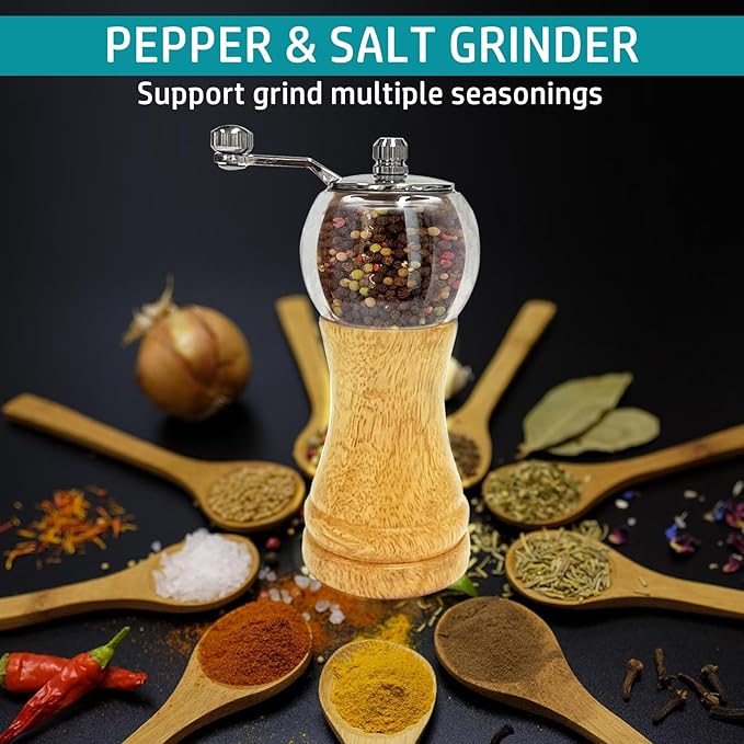 Salt and Pepper Grinder Set Hand Crank Salt and Pepper Mill Classical Wooden Salt Grinder Manual Acrylic Pepper Shaker with Adjustable Coarseness for Home Kitchen (Burlywood 1pcs-6in)