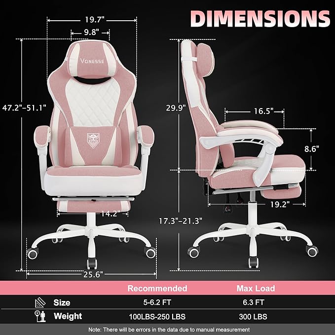 Vonesse Gaming Chair, Reclining Fabric Gaming Chairs for Adults 250LBS, Office Chair with Pocket Spring Cushion, Computer Chair with Footrest and Massage Lumbar Support (Pink)