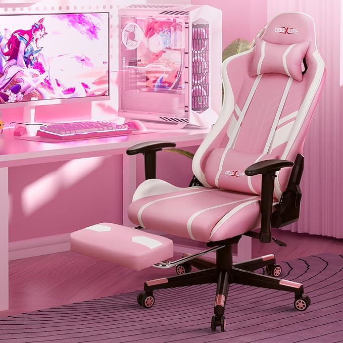Douxlife Computer Gaming Chair with Footrest, Height Adjustable Game Chair for Adults 360°-Swivel Seat and Headrest and for Office or Gaming, Racing Style Pink and White