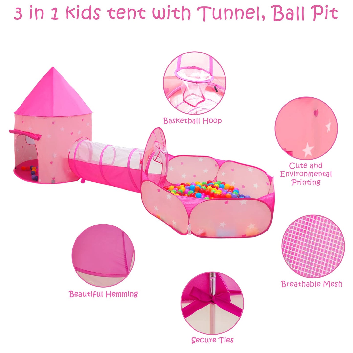 3PC Princess Tent for Girls with Kids Ball Pit, Kids Play Tents and Crawl Tunnel for Toddlers, Pink Pop Up Playhouse Toys for Baby Indoor& Outdoor Tent Games (Pink Tent with Stars 3pc)