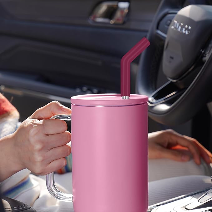Tomorotec 6PCS Stainless Steel Straws with Silicone Tips for Stanley Tumbler 40oz, 13-Inch Reusable Straw Set with Colorful Extenders & 2 Brushes, Compatible with Wide Mouth Cups (Pink Series)