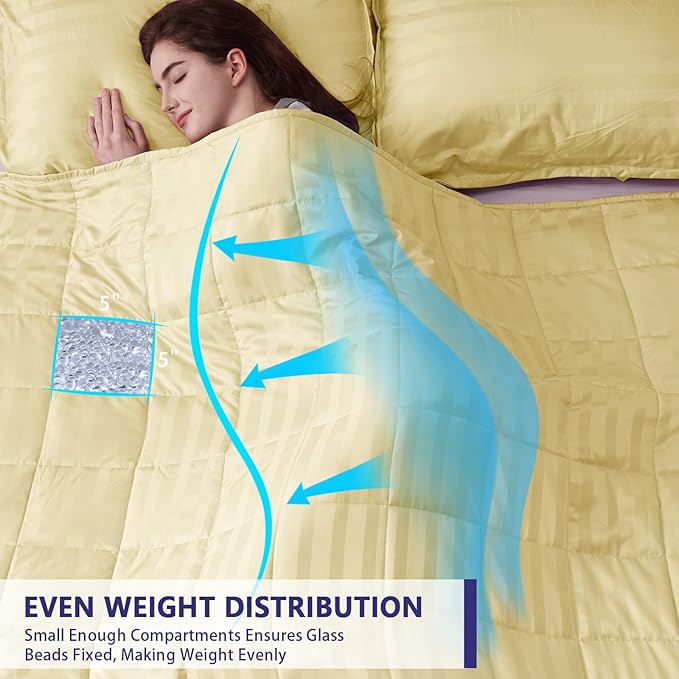 yescool Weighted Blanket for Adults (25 lbs, 88” x 104”, Mustard Yellow Stripes) Heavy Blanket for Sleeping Perfect for 240-260 lbs, King Size Breathable Blanket with Premium Glass Bead