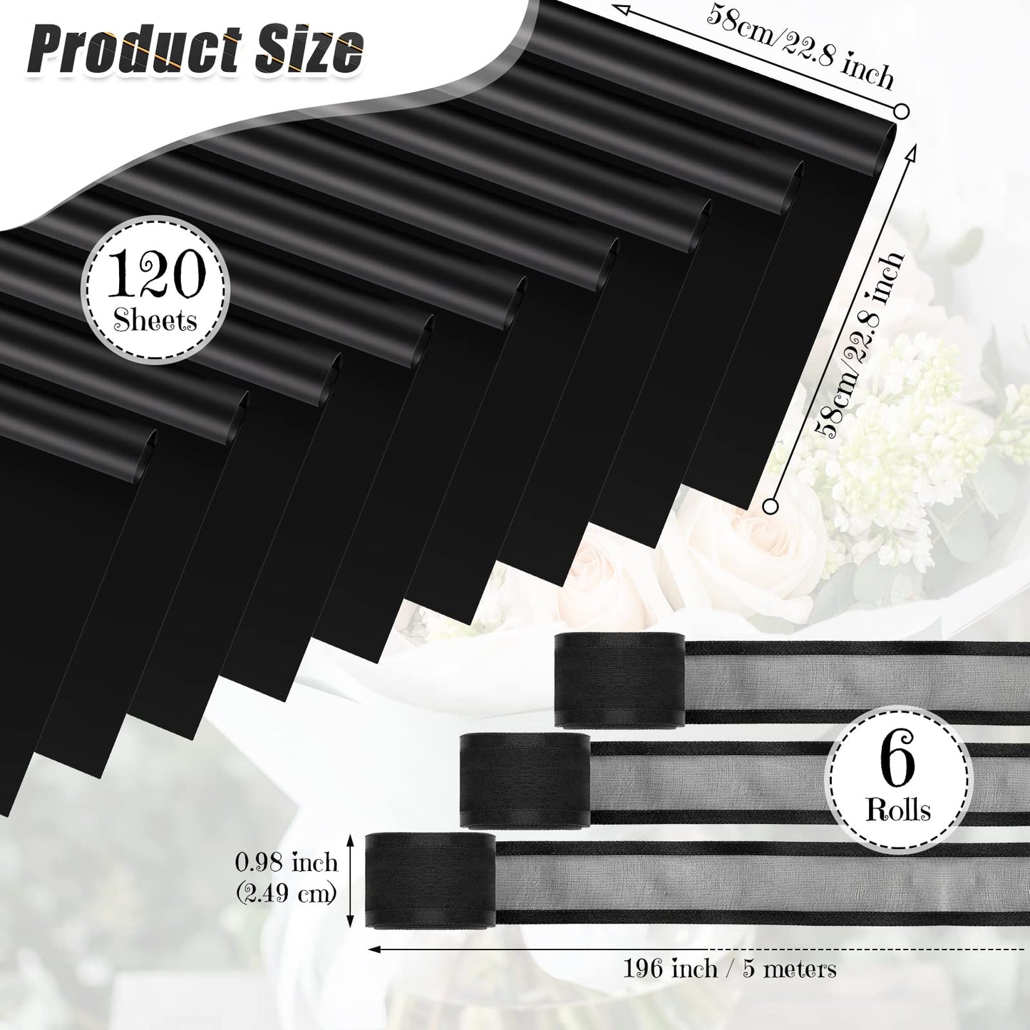 Sabary 120 Sheets Flower Wrapping Paper Bouquet Pure Color Waterproof Floral Packaging Paper with 196 Inch Ribbon Florist Bouquet Supplies for Wedding Birthday DIY, 22.8 x 22.8 Inch(Black)