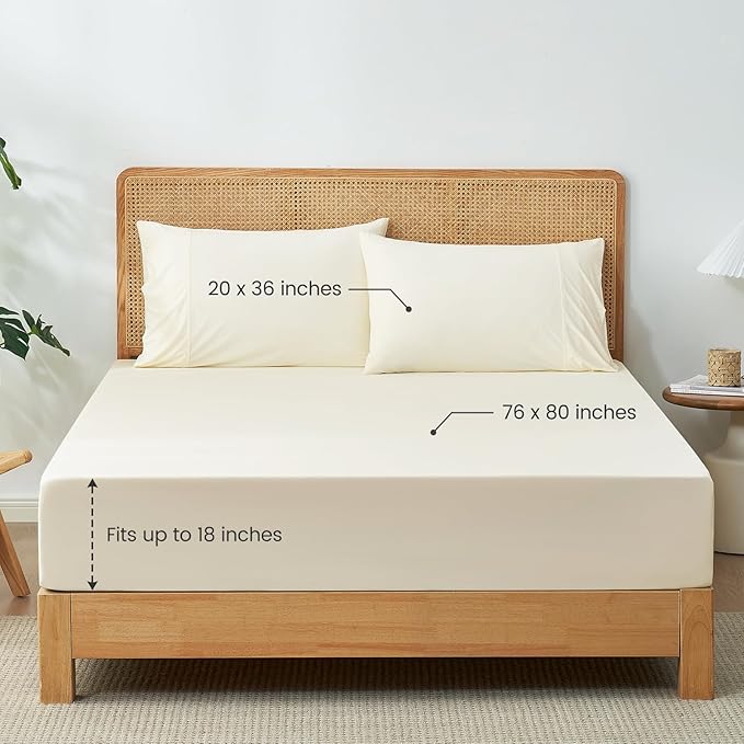 Cozy Bliss Premium Cooling Sheet Set King Size, Q-Max>0.4, 3PCS No Flat Sheet with 2 Pillowcases, Breathable Fitted Sheet for Hot Sleepers & Night Sweats, Deep Pocket Up to 18 Inches, Cream White
