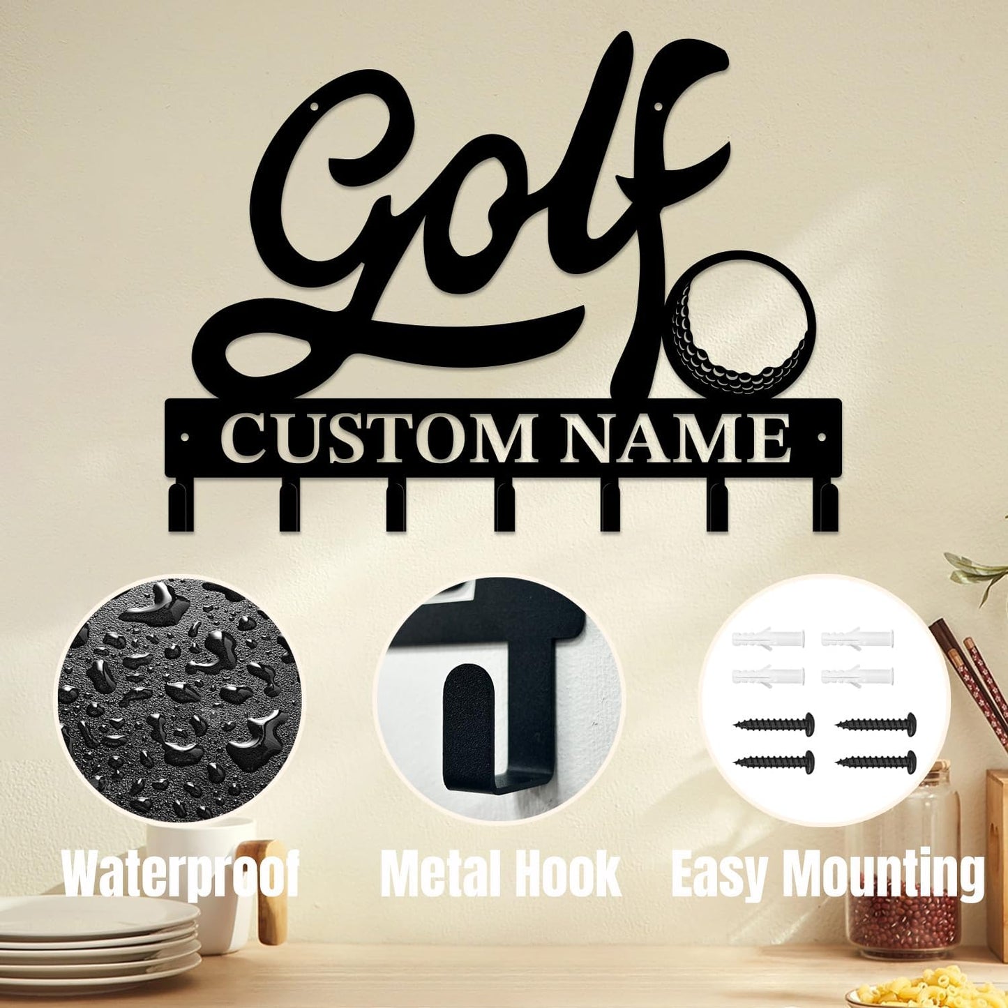 Personalized Custom Name Golf Ball Wall Keys Hooks,Metal Golf Art Clothes Hooks,Metal Golf Lover Wall Home Storage Decorative,For Front Door, Hallway, Kitchen, Bedroom,Keys,Hats (Style H)