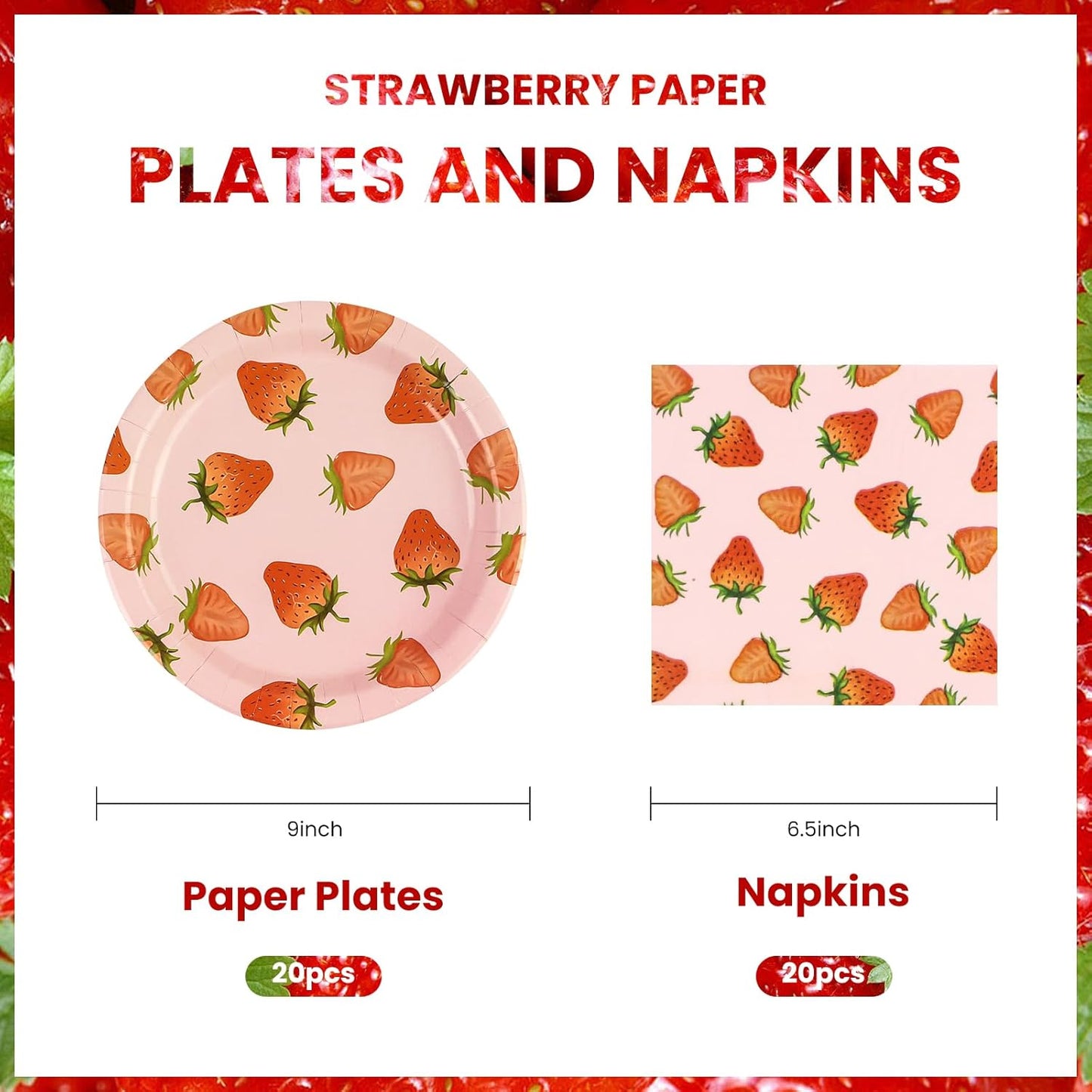 40PCS Strawberry Birthday Paper Plates and Napkins Party Supplies, Disposable Summer Fruit Party Plates and Napkins Tableware Set for Baby Shower Birthday Party Decorations Serves 20 Guests