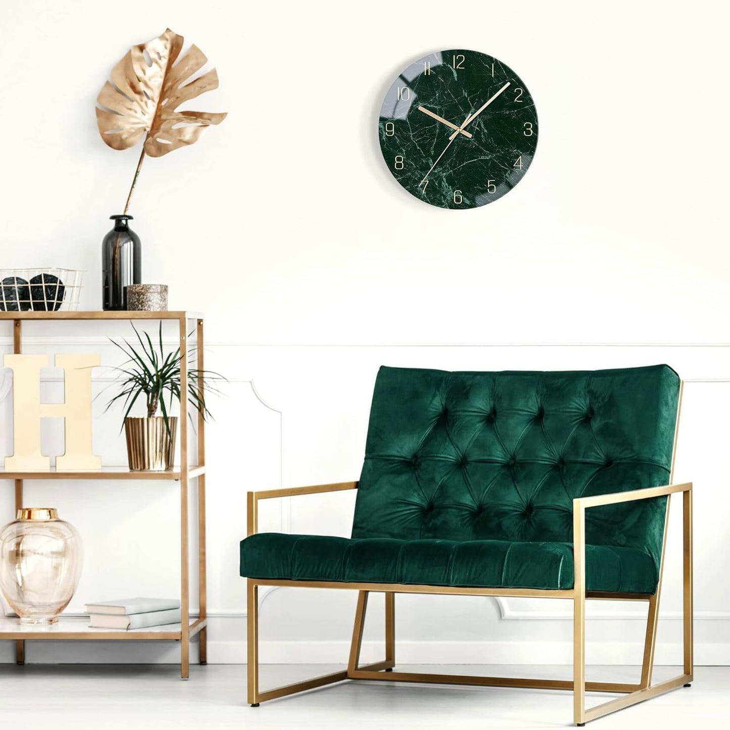 VIKMARI Emerald Green Glass Wall Clock Silent Non-Ticking Battery Operated 10 Inches Modern Marble Texture Home Decorative Kitchen Decor Quartz Small Analog Clock for Bedroom,Living Room,Office