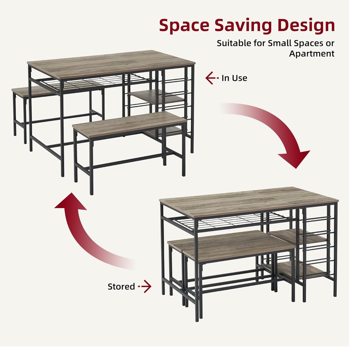 IDEALHOUSE Dining Table Set for 4, Kitchen Table Set for 4 with 2 Benches, Rectangular Dining Room Table Set with Wine Rack, 3 Piece Dining Table Set for Small Space Apartment, Grey