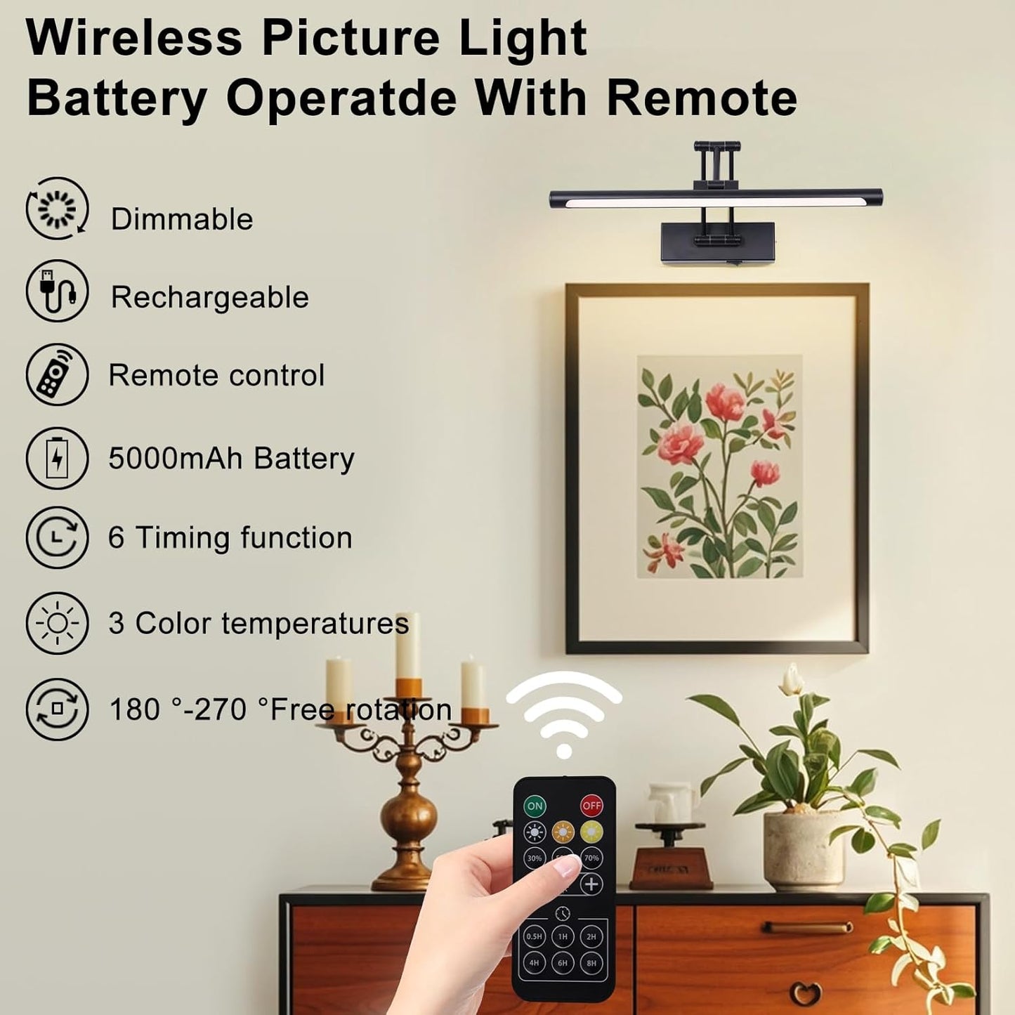 Battery Operated Picture Light with Remote 16” Black Art Light for Painting Dimmable & Timer Wireless Gallery Lights 3CCT Frame lighting Rechargeable Wall Lights for Artwork Potrait Dartboard