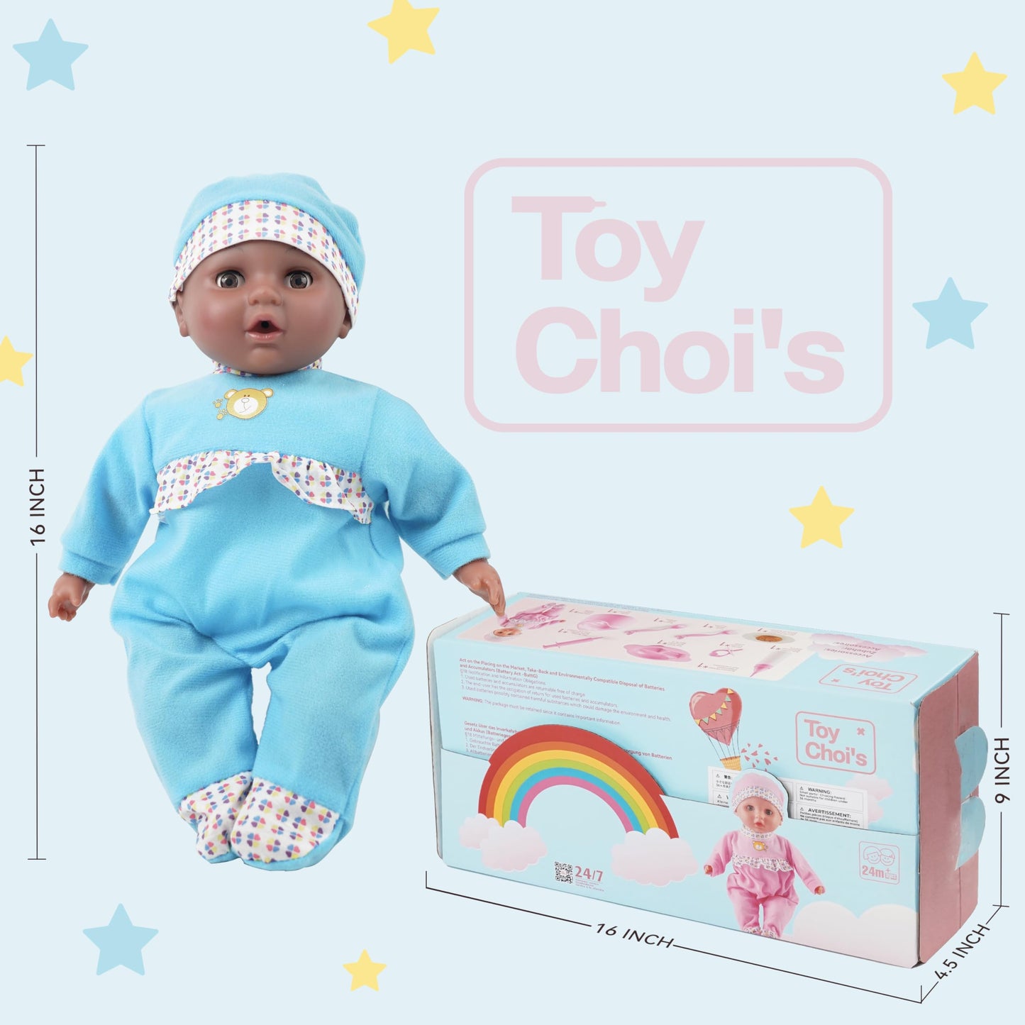 Toy Choi's Interactive Baby Doll Blue - 16 Inch Crying Talking Feeding Dolls with Different Sounds and Accessories, Pretend Play Preschool Toys for 2 3 4 5+ Year Old Girls Boys Gift, Black Doll