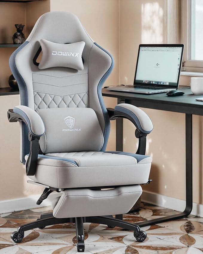 Dowinx Gaming Chair with Footrest, Breathable Fabric Gamer Chair with Gel Pad and Storage Bag, Ergonomic Office Chair with Lumbar Support for Home Task,Grey